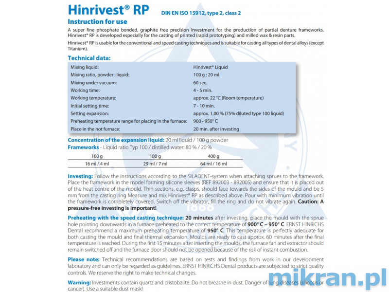 Hinrivest RP (50x400g)masa osłaniajaca +  płyn do masy 1L  Promocja
