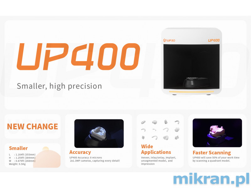 Up3d Skaner protetyczny Up400  Przy zakupie urządzenia oprogramowanie do projektowania Gratis) , lub Exocad za 50 % ceny 